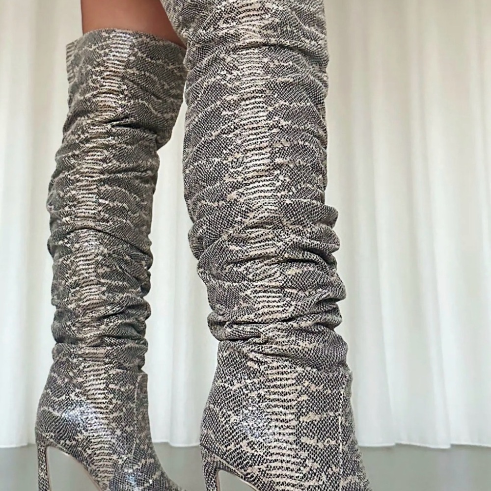 Stacy Over-the-Knee Snakeskin Slouch Boots - Gray